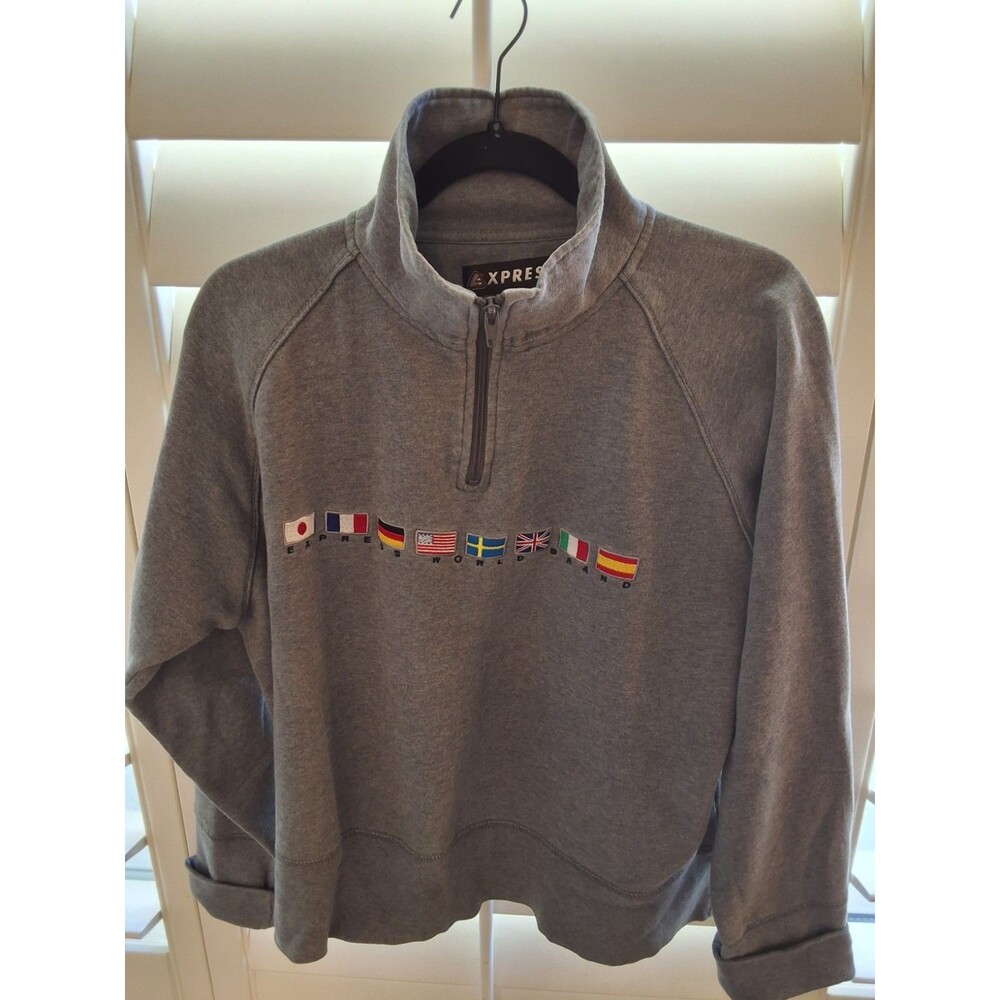 Vintage Express World Brand Quarter Zip Pullover Sweatshirt Gray Flags Size M